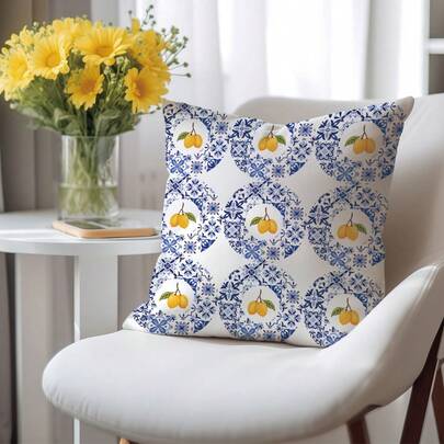 1pc Blue Floral & Lemon Pattern Cushion Cover, Single-Sided Print Soft Peach Velvet Material, 45*45CM Pillow Case Suitable For Home, Bedroom, Living Room Sofa Decor, Decorative Pillow Cover Gift, No Pillow Insert