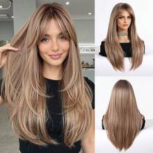 Tóc giả dài 24 inch, thẳng, có mái xéo, chân tóc tối màu, màu vàng nâu highlight, dành cho nữ, tóc ombre nâu, tóc giả tổng hợp chịu nhiệt, thích hợp cho sử dụng hàng ngày, dự tiệc, cosplay. - Tóc vàng ombre - Xem 11