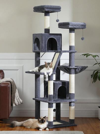 PAWZ Road 70.9" Flower Cat Tree, Tall Cat Tree For Indoor Cats, Large Cat Tree For Large Cats, Multi-Level Tall Cat Tower With 6 Scratching Posts, 2 Cat Condos, 2 Perches, Large Hammock, Pompoms, Deep Grey