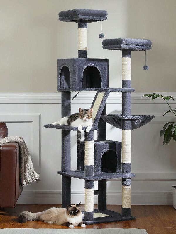 PAWZ Road 70.9" Flower Cat Tree, Tall Cat Tree For Indoor Cats, Large Cat Tree For Large Cats, Multi-Level Tall Cat Tower With 6 Scratching Posts, 2 Cat Condos, 2 Perches, Large Hammock, Pompoms, Deep Grey
