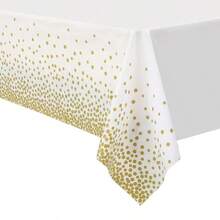1pc 54" X 108" Gold Polka Dot Disposable Plastic Tablecloth, Rectangular Table Cover, Colorful Paper Confetti Tablecloth For Outdoor Birthday Wedding Baby Shower Party Tabletop Decor - White Background With Gold Dots - View 1