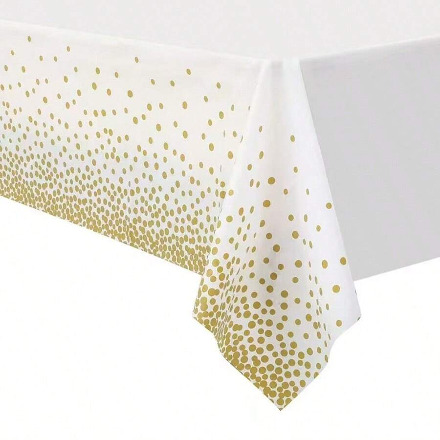 1pc 54" X 108" Gold Polka Dot Disposable Plastic Tablecloth, Rectangular Table Cover, Colorful Paper Confetti Tablecloth For Outdoor Birthday Wedding Baby Shower Party Tabletop Decor - White Background With Gold Dots - View 1