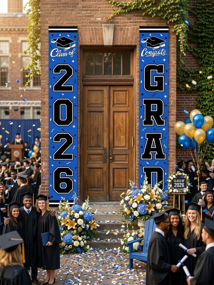 2pcs-Class Of 2026 Graduation Door Banners, Blue Graduation Porch Signs With Grad Cap & Diploma Print, Durable Polyester Decor For Graduation Party - Multicolor - View 1