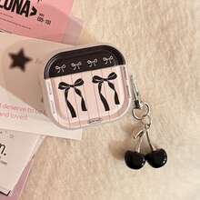 GUCADI 1pc Transparent Black & Pink Striped Bow + Silver-Plated Black Cherry Pendant, Sweet & Cool Black & Pink Bow Apple 4/Pro 2 Bluetooth Earphone Case, Cherry Pendant - Multicolor - View 11