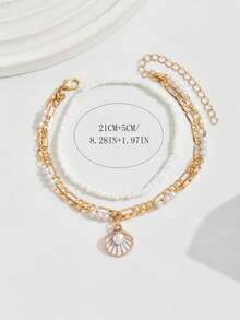 2件套时尚贝壳吊坠珍珠串珠多层脚链，沙滩度假女孩脚部饰品 - 彩色 - 查看 4