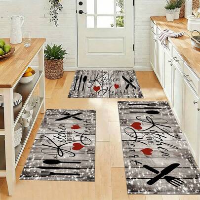 Set de 3 alfombras de cocina resistentes a los arañazos - Felpudo antideslizante de poliéster, apto para mascotas, absorbente y lavable, para la cocina y el área de lavandería, decoración de piso, adecuado para baño, ducha, lavandería, dormitorio, sala de estar, felpudo de entrada, felpudo de cocina