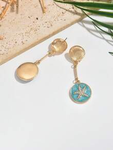 1 Pair Fashionable & Elegant Enamel Starfish & Shell Rhinestone Pendant Earrings, Ocean Style Versatile For Work, Vacation, Beach - Multicolor - View 3