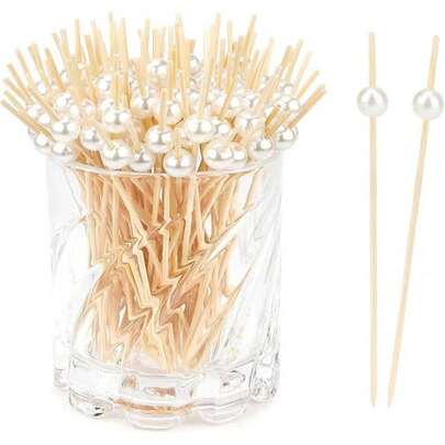 100 piezas, Palillos para aperitivos de 4.7 pulgadas, Pinchos de bambú blanco perla, Adecuados para aperitivos, frutas, magdalenas, charcutería, decoración de bebidas, Navidad, fiestas, suministros para fiestas de cumpleaños, pinchos para cócteles, pinchos para alimentos, Adecuado para bodas, decoración de buffet de fiesta de cumpleaños