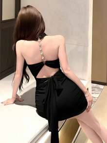 女士无肩带吊带连衣裙，性感紧身迷你裙，独特优雅的派对礼服，春夏款 - 黑色 - 查看 7