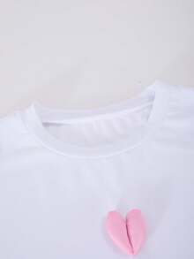 8-12 Years Old Girls Summer Casual Cute Style Set, White Short Sleeve T-Shirt With Heart 3D Decor Top Paired With Pink Loose Straight Pants, Comfortable Minimalist 2pcs Set - Pink - View 4