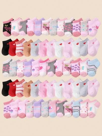 12 Pairs Random Baby & Kids Colorful Short Socks, Soft & Comfortable Material, Bow & Heart Print Short Socks, Breathable Low-Cut Socks, Suitable For Casual Daily Wear, Comfortable & Breathable