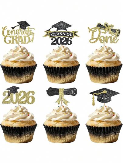 12个2026毕业主题纸杯蛋糕装饰插牌，闪亮2026毕业主题纸杯蛋糕装饰，毕业派对中心装饰，居家庆祝，2026毕业主题纸杯蛋糕插签，毕业帽和毕业证书蛋糕装饰，2026毕业主题派对蛋糕装饰 - 黑红蓝配色