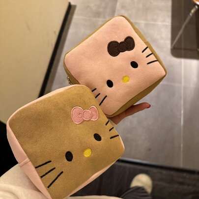 SANRIO 1个麂皮刺绣小猫化妆包，大容量卫生巾收纳小方袋，便携式必备品整理袋