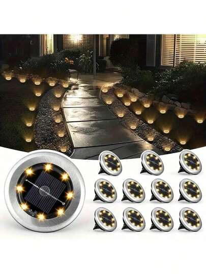 4/8/10/12 Pcs Mini Solar 8LED In-Ground Lights, Outdoor Stainless Steel Solar Ground Lights, Solar Pathway Lights For Outdoor Patio, Garden, Walkway, Driveway, Solar Landscape Lighting, Solar Powered, No External Power Needed, Suitable For Outdoor Use