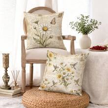 4 pièces Housses de coussin décoratives vintage avec fleurs de marguerite et oiseaux, style lettrage usé, convient pour le salon, le canapé, la chambre à coucher, décoration de style campagnard - Jaune clair - Voir 5