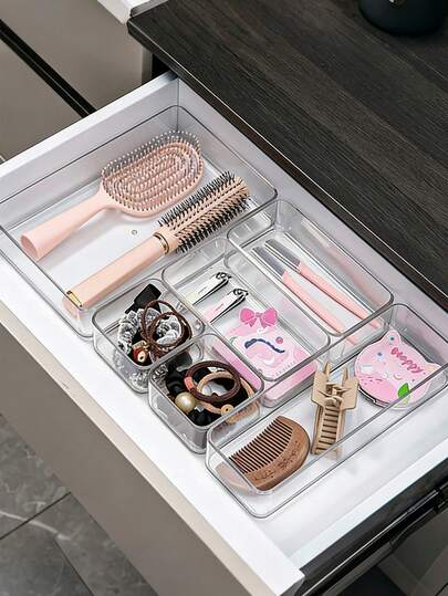 7pcs/6pcs/5pcs/1pc Drawer Divider Storage Box, Hair Accessory Organizer Box With Built-In Grid, Jewelry & Cosmetic Storage Box, Transparent PET Plastic Material, Multi-Functional Compartment Box, Suitable For Hair Tools, Combs, Mirrors, Tweezers Storage, Available In Multiple Sizes, Applicable For Home Drawers, Bedroom, Dorm, Bathroom, Desk