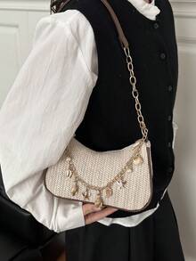 新款夏季草编单肩包、编织手提包、沙滩包、手机包、腋下包（女士款） - 米色 - 查看 3