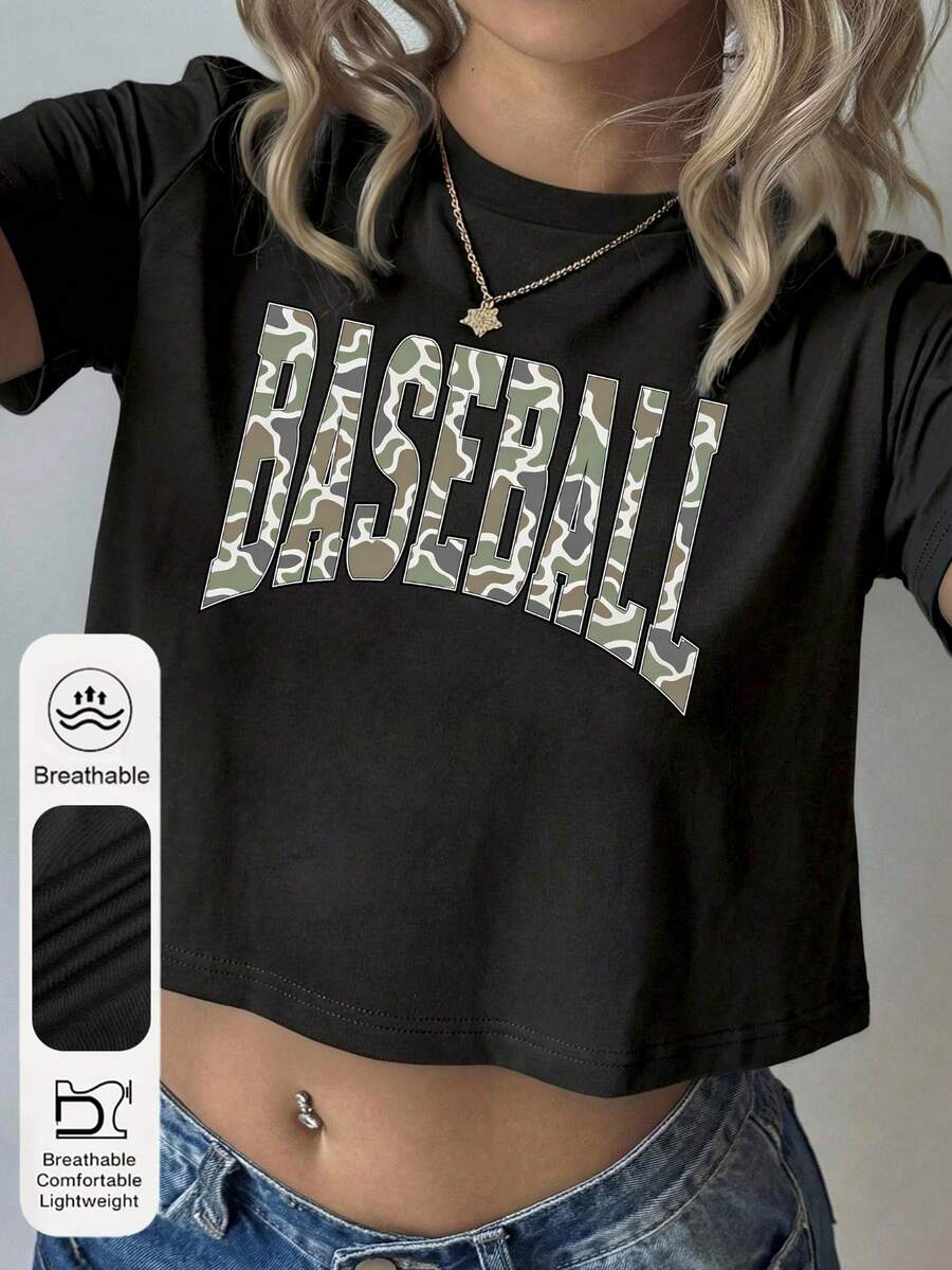 女士日常迷彩棒球字母图案圆领短袖休闲夏季女式上衣，时尚百搭女士黑色露脐T恤 - 黑色 - 查看 1