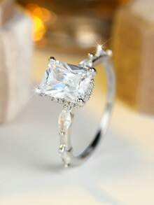 1枚优雅长方形切割白色合成锆石镀白金戒指，适合情人节、婚礼、派对、日常佩戴，四季皆宜。 - 白色 - 查看 2