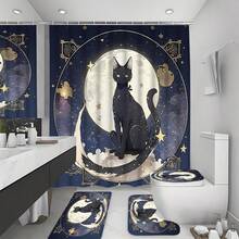 1pc Cat Moon Shower Curtain With Black Cat Silhouette, Crescent Moon, Floral And Butterfly Patterns, Mysterious Design, 70.8x70.8 Inches, With 12 Hooks - E - View 14