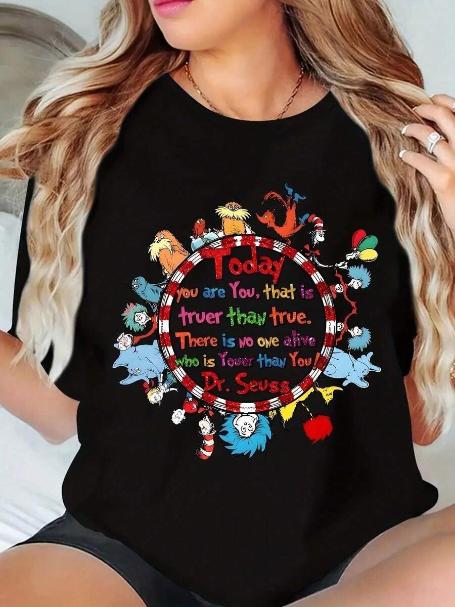 Plus Size Reading Day Shirt Happy Dr Seus SS Day Shirt Book Lover Shirt Cat In The Hat Shirt Dr Sues S Book T-Shirt Teacher Shirt Shirt 180g - 黑色 - 查看 1