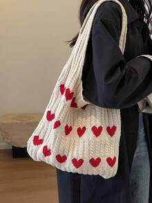 心形图案针织休闲日常单肩包，时尚百搭斜挎包，女士 - 彩色 - 查看 2