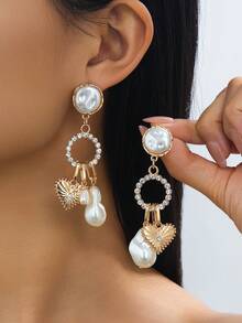 一对时尚水钻仿珍珠心形吊坠耳环，适合女士参加派对、聚会、日常佩戴，百搭礼物。 - 金黃色 - 查看 6