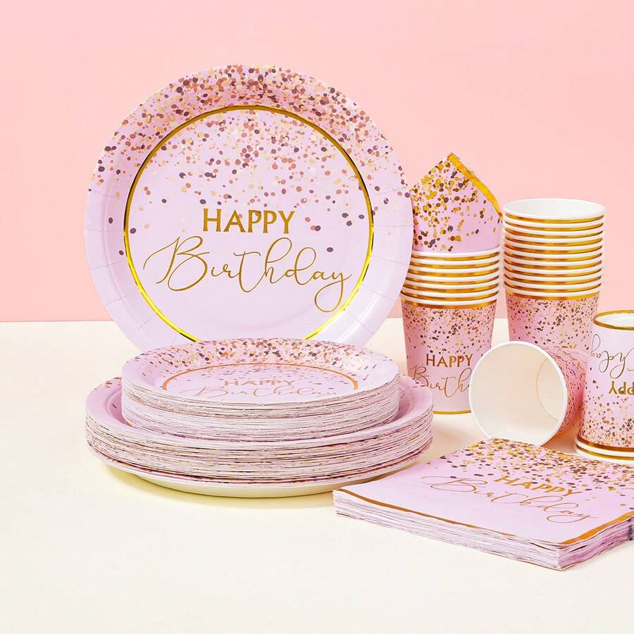 生日快乐金箔一次性餐具套装，7/9英寸派对餐盘，一次性纸盘，餐巾纸，纸杯，适用于节日、婚礼、订婚、生日、派对、庆典等场合。 - 多色 - 查看 1
