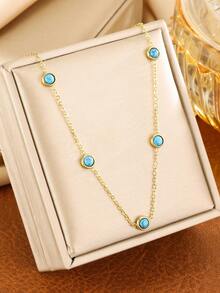 4件套不锈钢闪亮波西米亚风项链、手链、耳环套装，日常佩戴 - 薄荷藍 - 查看 2