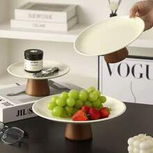 1pc Wooden Pedestal White Stainless Steel Plate, Suitable For Dining Table, Restaurant, Kitchen, Party, Birthday - Wooden Stand, White Stainless Steel Tray - View 1