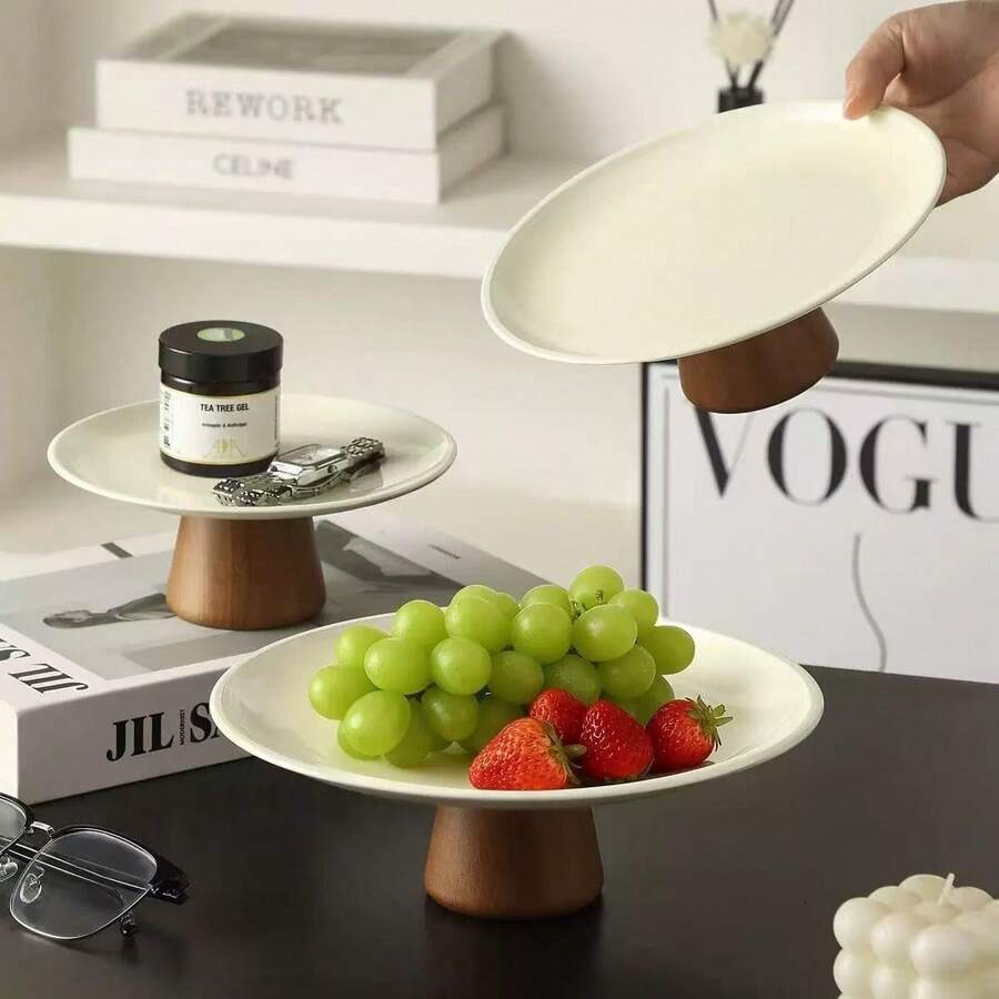 1pc Wooden Pedestal White Stainless Steel Plate, Suitable For Dining Table, Restaurant, Kitchen, Party, Birthday - Wooden Stand, White Stainless Steel Tray - View 1