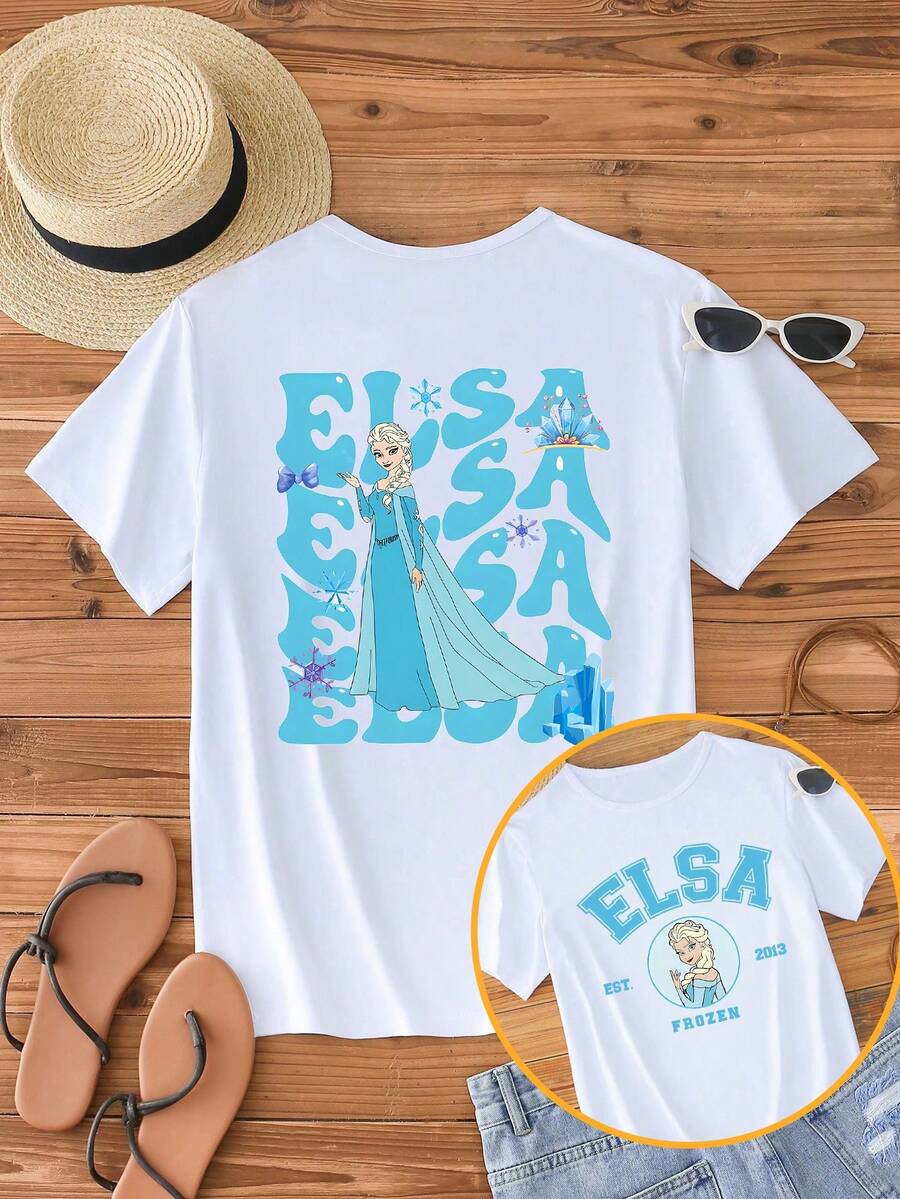 Disney Women's Casual White Cotton T-Shirt With Elsa Frozen Print, Short Sleeve Round Neck Regular Fit Top - 白色 - 查看 1