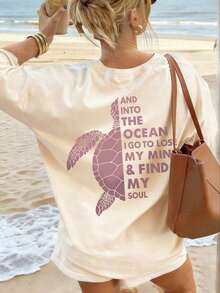 2026 New Arrival Women's Summer New Simple Slogan Print Casual Vacation Loose Fit Round Neck Short Sleeve T-Shirt, Fashionable Everyday Top, Suitable - 杏色 - 查看 6