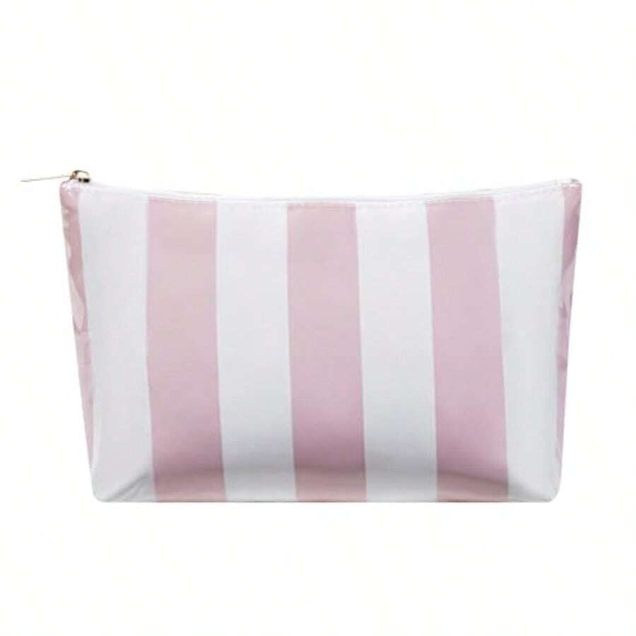 Bolsa de maquillaje grande impermeable a rayas de viaje bolsa de aseo estética de PVC organizador de bolsas de cosméticos de coqueta accesorios de viaje para mujeres y niñas Rosado - Rosa - Ver 1