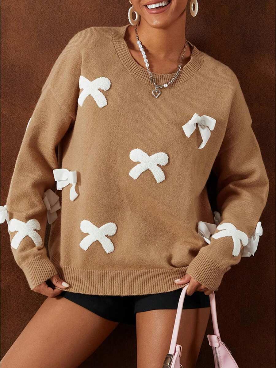 Women's Long Sleeve Sweater Contrast Color 3D Bow Drop Shoulder Round Neck Knitted Tops - Màu Khaki - Xem 1