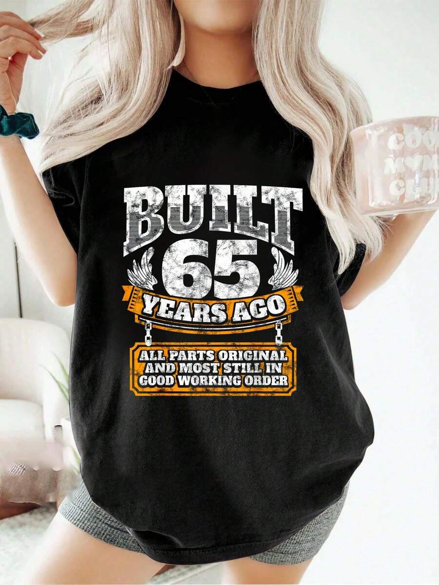 Camiseta divertida para el Día del Padre, 65 cumpleaños, regalo de cumpleaños, broma de 65 años, camiseta holgada informal deportiva de verano, cuello redondo, manga corta, tops para mujer - Negro - Ver 1
