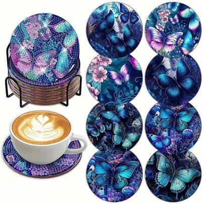8pcs Diamond Painting Coasters With Holder + 8 Soft Cork Pads, DIY Floral & Butterfly Series Diamond Art Coasters, Suitable For Adult Sewing 5D DIY And Beginner Diamond Painting Kits, Diamond Painting Craft Supplies, Exquisite Gift For Friends
