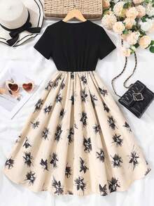 New 8-14Years Girls Elegant Dress Short Sleeve A-Line Floral Midi Party Special Occasion - Dark Blue - 查看 10