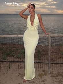 Women's Sexy & Elegant Light Yellow Spaghetti Strap Dress, Deep V-Neck Low Back Fitted Long Gown For Resort, Evening Party - Yellow - View 3