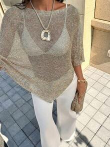 Nuevo Cárdigan de punto de color liso color albaricoque claro para mujer, diseño de bajo asimétrico, textura de punto brillante, ligero y transpirable, corte ligeramente holgado adecuado para varios tipos de Body, estilo casual de vacaciones y playa - colores del arcoiris - Ver 7