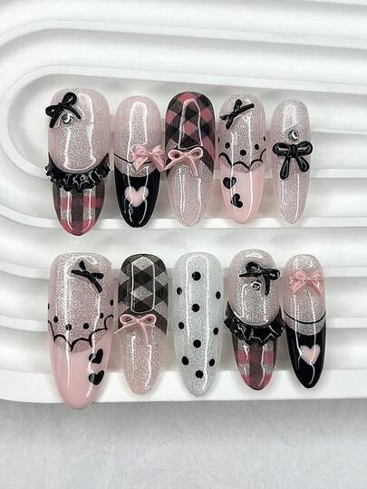 10 Móng Tay Giả Thủ Công Màu Đen Hồng Họa Tiết Kẻ Caro Kiểu Pháp Ngọt Ngào Hình Công Chúa Ballet Có Nơ Dễ Thương, Có Thể Tháo Lắp Và Tái Sử Dụng (1 Tờ Miếng Dán Jelly + 1 Giũa Móng)