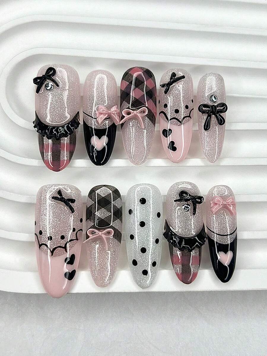 10 Móng Tay Giả Thủ Công Màu Đen Hồng Họa Tiết Kẻ Caro Kiểu Pháp Ngọt Ngào Hình Công Chúa Ballet Có Nơ Dễ Thương, Có Thể Tháo Lắp Và Tái Sử Dụng (1 Tờ Miếng Dán Jelly + 1 Giũa Móng) - Hồng - Xem 1