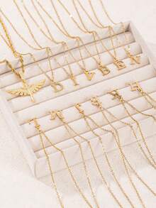 2pcs/Set New Fashion Cross Wing Pendant & 26 Letter Pendant Necklace, Stainless Steel Chain Suitable For Women's Daily, Party, Vacation Wear - Yellow Gold - View 1