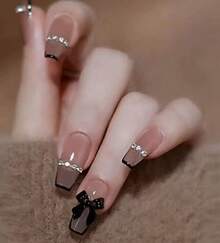 24pcs Medium Square French Tip Nail Stickers, White Color With Rhinestone Bow Decor, Luxury Full Coverage, Suitable For Women & Girls Nails, Charm Dates, Office, Home Parties Nail Supplies - 彩色 - 查看 3