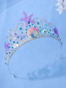 1pc Elegant Crystal Princess Crown, Starfish, Seashell, Mermaid Tail Hair Hoop, Performance/Birthday Gift Headband - Baby Blue - View 3