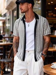 Men's Geometric Striped Contrast Color Hollow-Out Knitted Jacquard Fabric Casual Vacation Summer Short Sleeve Shirt - Black and White - View 6