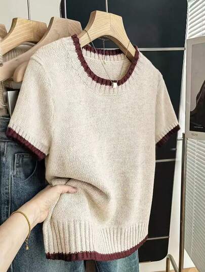 Suéter de punto de cuello redondo con bloque de color talla grande para mujer, parte superior de punto clásica casual y elegante con contraste de color de manga corta (solo parte superior), primavera/verano