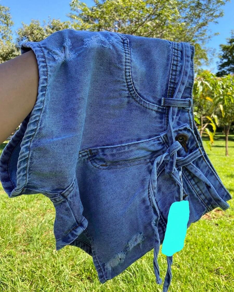 Short Jeans With Folded Hem And Drawstring, New Luxury Style. - Màu xanh lam - Xem 1