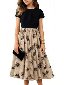 New 8-14Years Girls Elegant Dress Short Sleeve A-Line Floral Midi Party Special Occasion - Dark Blue - 查看 7