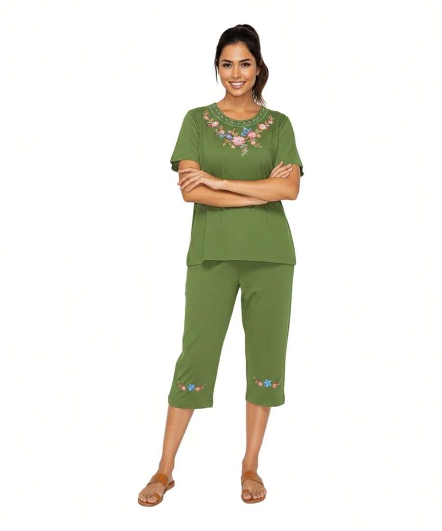 Women Short Sleeves Embroidered Cotton Blend Lounge Wear Sets - Lumut - View 1